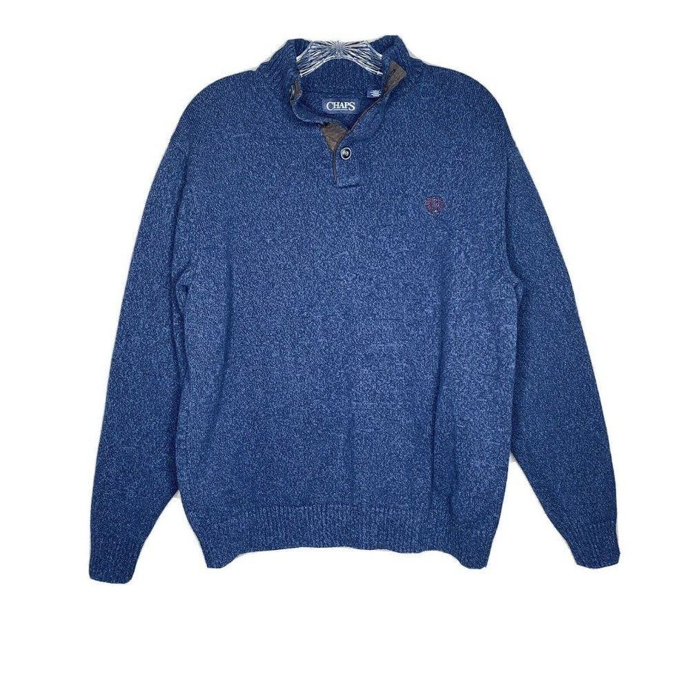 Chaps Quarter Button Sweater Mens XL Blue Elbow Patches Mock Neck Knit XL